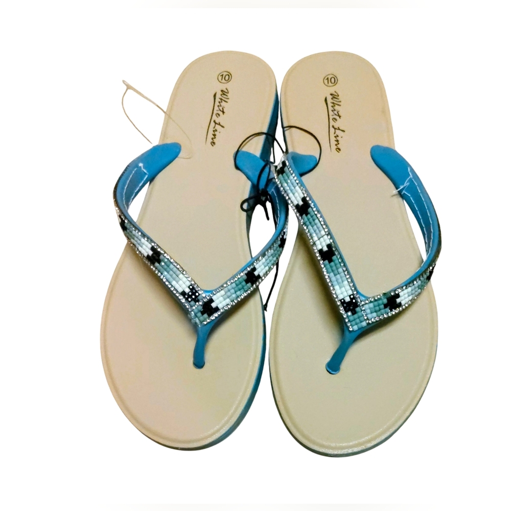 NWOT White Line Ashley Blue Women's Multicolored Beaded Thong Sandals, Sz 10